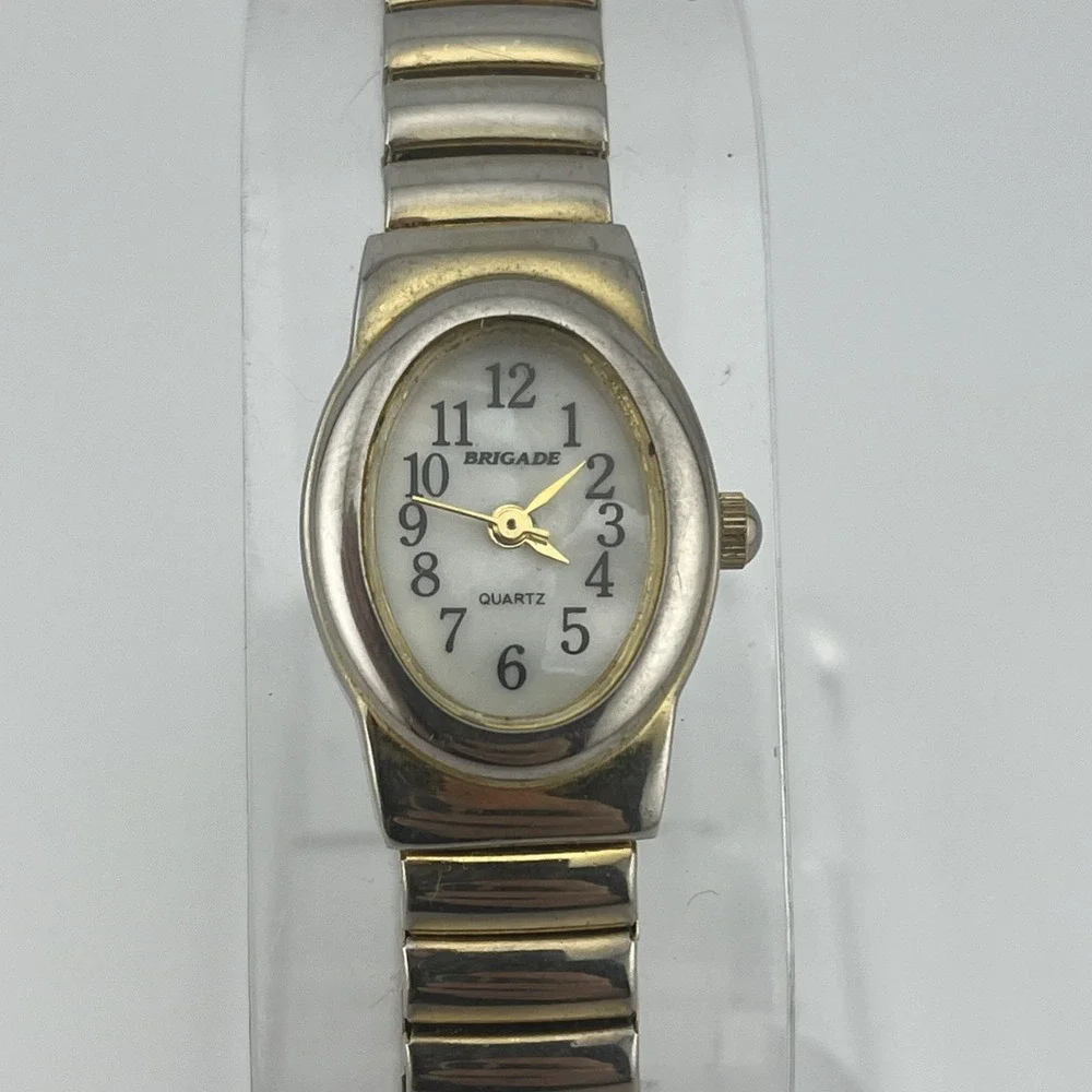 Vintage Brigade Watch Women 18mm Gold‎ Case Pearl Dial Stretch Band- New Battery